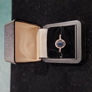 Gold Tone Overlay Ring w/Blue Sapphire & CZ Chips